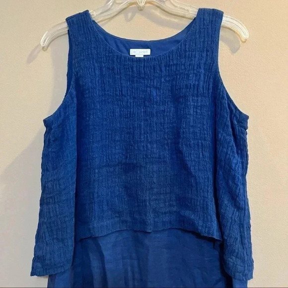 PURE JILL Sleeveless Linen Dress Tiered Overlay Crinkle Lagenlook Blue Petite S - Picture 3 of 12